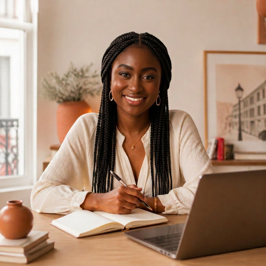 Axelle, TCF preparation instructor, at her desk ready for a tutoring session